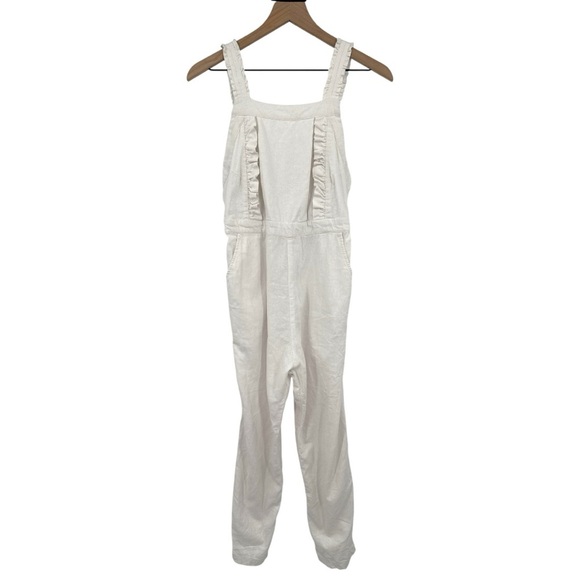 Rue Stiic Costello Overall Jumpsuit Ruffle Open Back White Linen Size Small - Picture 3 of 15